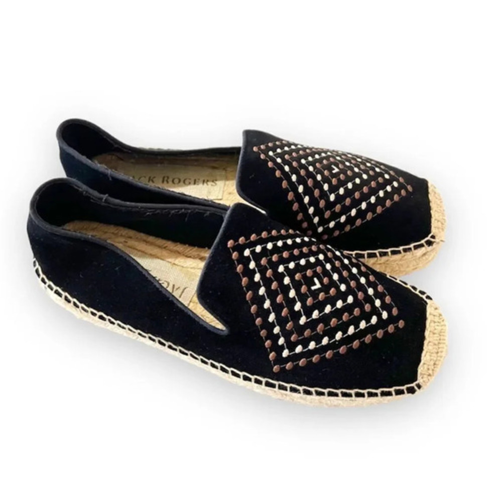 Jack Rogers Black Suede Boho Espadrille Loafers Women's Size 9 Jute Embroidered